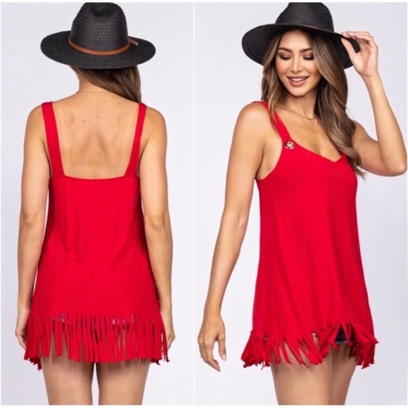 (58)New Soft Fringe Women's 4th of July, Summer,Boho Fringe Grommet Tank Tunic - Picture 2 of 2